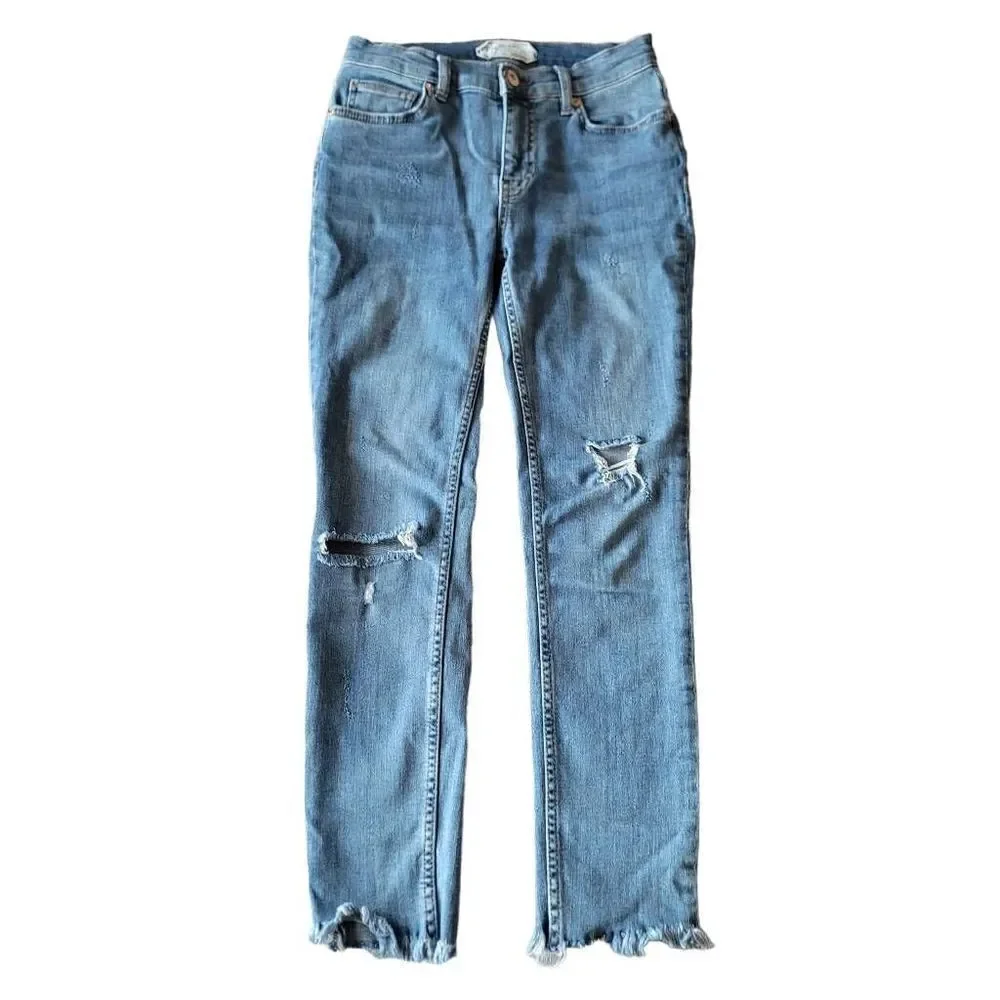 Free people womens Sz W 25 blue distressed raw hem skinny jeans